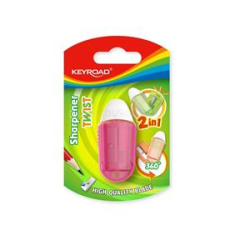 KeyRoad Hegyező, 1 lyukú, radírral, 1 db/bliszter, Twist, vegyes színek (KEYROAD_54332) hegyező
