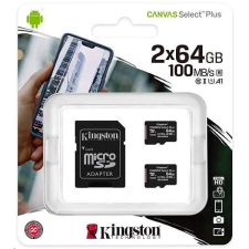 Kingston 64GB microSDXC Kingston Canvas Select Plus CL10 memóriakártya 2db/cs + adapter (SDCS2/64GB-2P1A) (SDCS2/64GB-2P1A) memóriakártya