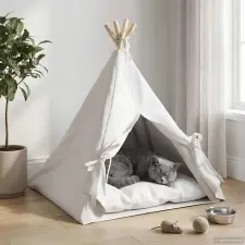  Kiskedvenc teepee párnával Fehér 60 x 60 x 70 cm Poliészter szállítóbox, fekhely macskáknak
