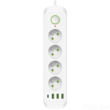 Kobi CONNECTO hosszabbító kábel 4x230V 5m 4GN földelő kapcsoló 4xUSB fehér Kobi hosszabbító, elosztó