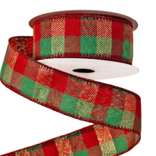  Kockás karácsonyi szalag drótos szegéllyel 38mm x 10m - Piros/Arany/Zöld szalag, masni