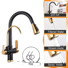  Konyhai csaptelep, kettős fogantyú kialakítása, kihúzható spray-funkció, Fekete arany csaptelep
