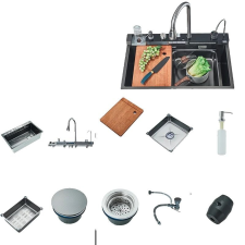  Konyhai mosogató, nagy egytálca, négylyukú beépítés, 4 gombos szürke mosogatótálca