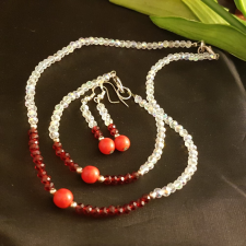  Korall  kővel díszített kristály nyaklánc + fülbevaló + karkötő nyaklánc