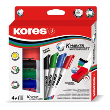  KORES Tábla- és flipchart marker készlet mágneses táblatörlő szivaccsal, 1-3 mm, kúpos KORES, 4 különböző szín filctoll, marker