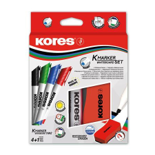 KORES Tábla- és flipchart marker készlet mágneses táblatörlő szivaccsal, 3-5 mm, vágott, KORES, 4 különböző szín filctoll, marker