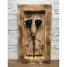  Kovácsoltvas csavart rózsapár BOROVI fenyőfa keretben - réz antik ajándéktárgy