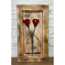  Kovácsoltvas csavart rózsapár BOROVI fenyőfa keretben - vörös/zöld antik ajándéktárgy