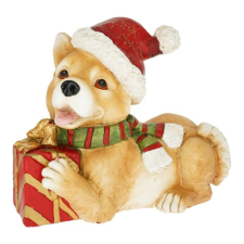  Kutya mikulás sapkában, ajándékkal fekvõ 37,5x20x30,5 cm dekorációs kellék