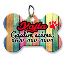  Kutyabiléta, csont alakú (tetszőleges adatokkal), színes famintás háttérrel nyakörv, póráz, hám kutyáknak