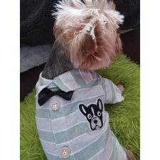  Kutyaruha - Csíkos kutyaing hímzett kutyafejes mintával és fekete csokornyakkendővel - XS kutyaruha