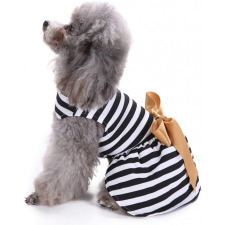  Kutyaruha - Elegáns és könnyű fekete/fehér csíkos ruha arany színű masnival - M kutyaruha