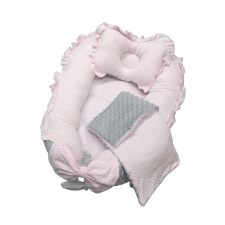 Lafel Pamut-Minky babafészek szett - Szürke / Rózsaszín pöttyös babafészek