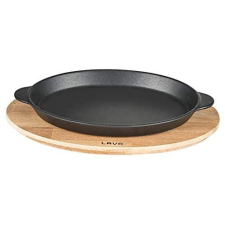 Lava fekete ovál öntöttvas sütőtál két füllel, fa alátéttel, 18x24,5 cm konyhai eszköz