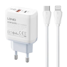 LDNIO A2421C USB-A + USB-C 22.5W hálózati töltő + USB-C - Lightning kábel fehér mobiltelefon kellék