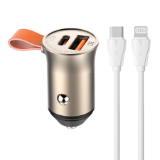LDNIO C509Q USB-A / USB-C Autós töltő + USB-C / Lightning kábel - Arany (30W) mobiltelefon kellék
