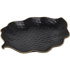 LE COQ Porcelaine Levél alakú sekély tányér, Le COQ Kypseli 34,5x26,5 cm, fekete tányér és evőeszköz