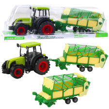 Lean Toys Mezőgazdasági traktor zöld és sárga pótkocsival, zöld 50 cm autópálya és játékautó