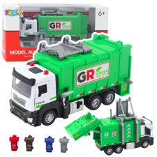 Lean Toys Szemeteskocsi 4-es motoros szemeteskukákkal, zölden hangzik autópálya és játékautó