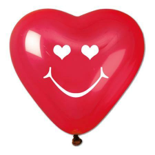 . Léggömb, 40 cm, szív alakú, smiley, piros (PT1745SZ) party kellék