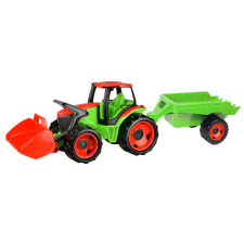 LENA Óriási zöld-piros traktor markolóval és utánfutóval 107 cm autópálya és játékautó