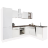 Leziter Yorki 280 sarok konyhablokk fehér korpusz,selyemfényű fehér front alsó sütős elemmel polcos szekrénnyel