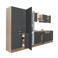 Leziter Yorki 370 konyhablokk sonoma tölgy korpusz,selyemfényű antracit fronttal polcos szekrénnyel és alulfagyasztós hűtős szekrénnyel bútor