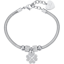 LUCA BARRA Acél karkötő, négylevelű lóhere és fehér kristályok karkötő