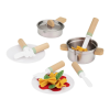 Lupilu (Playtive) KU-16568 Játék fa konyhai edény készlet fém serpenyővel, főzőedénnyel, műanyag tányérral, tésztával, tükörtojással (18 részes)