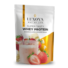 Luxoya Super Tasty Whey Protein Eper-fehér csokoládé íz 450g - DOY vitamin és táplálékkiegészítő