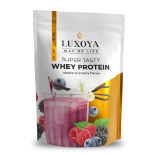 Luxoya Super Tasty Whey Protein Vanília-erdei gyümölcs íz 450g - DOY vitamin és táplálékkiegészítő