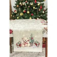  Mackós karácsonyi gobelin asztali futó 44x140 cm ezüst lurex lakástextília