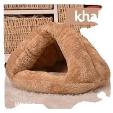 Macskaágy, többfunkciós kialakítás, puha bársony anyag, khaki, 50x50 cm szállítóbox, fekhely macskáknak