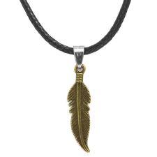 Madártoll medál bőr nyaklánccal, bronz-fekete színű nyaklánc