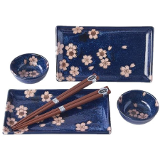 MADE IN JAPAN 6 db-os Sushi Szett Navy & Pink Sakura Design tányér és evőeszköz