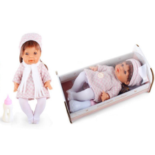 Magic Toys Pisilő baba kockás ruhában hanggal és kisággyal 30cm baba