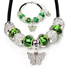  Maria King Bőr és nemesacél nyaklánc+karkötő szett, kristály Pillangós charmmal (vagy anélkül), márk ékszer szett