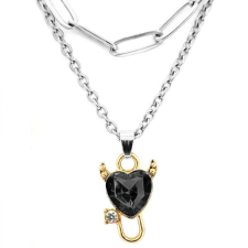 Maria King Dupla rozsdamentes acél nyaklánc ezüst színben, fekete ördög szív medállal nyaklánc