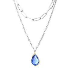 Maria King Dupla rozsdamentes acél nyaklánc ezüst színben, kék kristály csepp medállal nyaklánc
