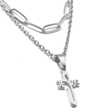 Maria King Dupla rozsdamentes acél nyaklánc ezüst színben, nemesacél kereszt/Jézus felirat medállal nyaklánc