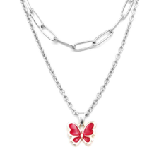 Maria King Dupla rozsdamentes acél nyaklánc ezüst színben, piros pillangó medállal nyaklánc