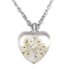 Maria King Fehér virág szív üvegmedál, választható arany vagy ezüst színű acél lánccal vagy bőr lánccal nyaklánc
