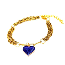 Maria King Háromsoros divat karkötő kék csillogó szív charmmal, arany színű karkötő