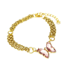 Maria King Háromsoros divat karkötő pink színű kristálypillangós charmmal, arany színű karkötő