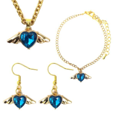 Maria King Kék kristály szív angyalszárnnyal medál nyaklánc, fülbevaló és karkötő szett ékszer szett