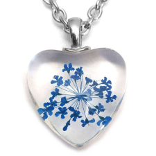 Maria King Kék virág szív üvegmedál, választható arany vagy ezüst színű acél lánccal vagy bőr lánccal nyaklánc
