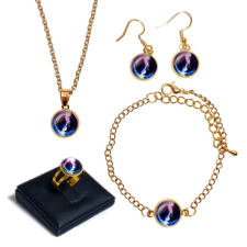 Maria King Világűr kék üveglencsés (lánc, karkötő, fülbevaló, gyűrű) szett II, arany és ezüst színben ékszer szett