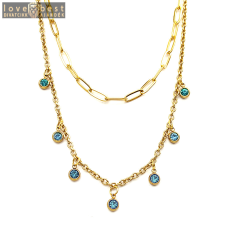 MariaKing Dupla rozsdamentes acél nyaklánc arany színben, kék kristályos charmokkal nyaklánc