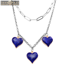 MariaKing Dupla rozsdamentes acél nyaklánc ezüst színben, 3 kék csillogó szív medállal nyaklánc