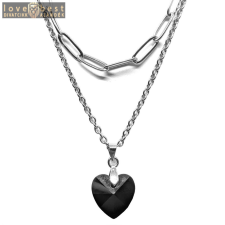 MariaKing Dupla rozsdamentes acél nyaklánc ezüst színben, fekete kristály szív medállal nyaklánc